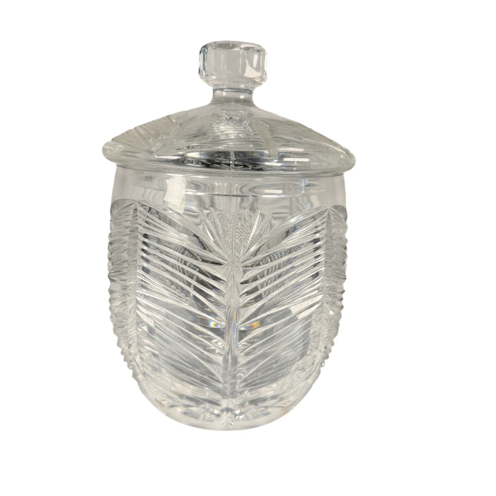 Heavy Cut Lead Crystal Biscuit Jar Lidded Candy Dish Wheat Starburst Pattern
